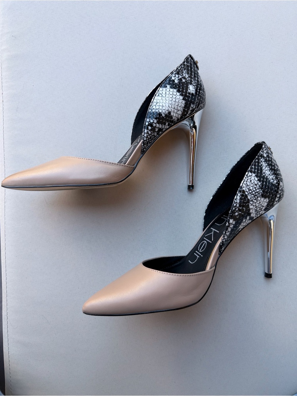 Chrome Heels Calvin Klein Sebrina Pumps Nude Leather Snake Print Stilettos - Picture 3 of 10